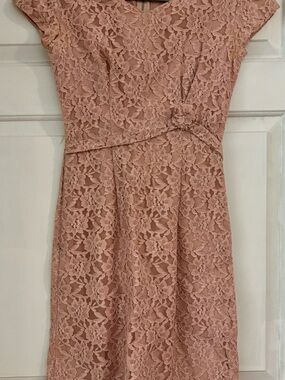 Elegant Vintage Pink Blush Lace Cap-Sleeve Dress XS -See Measurements
